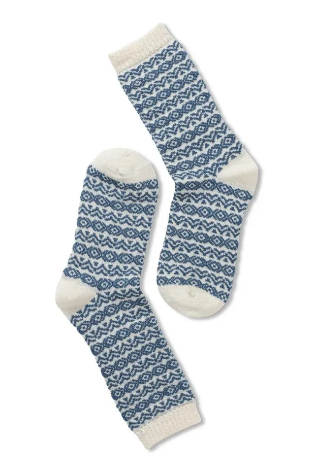 Note Wool Pattern ullsokker offwhite jeansblue retroprint