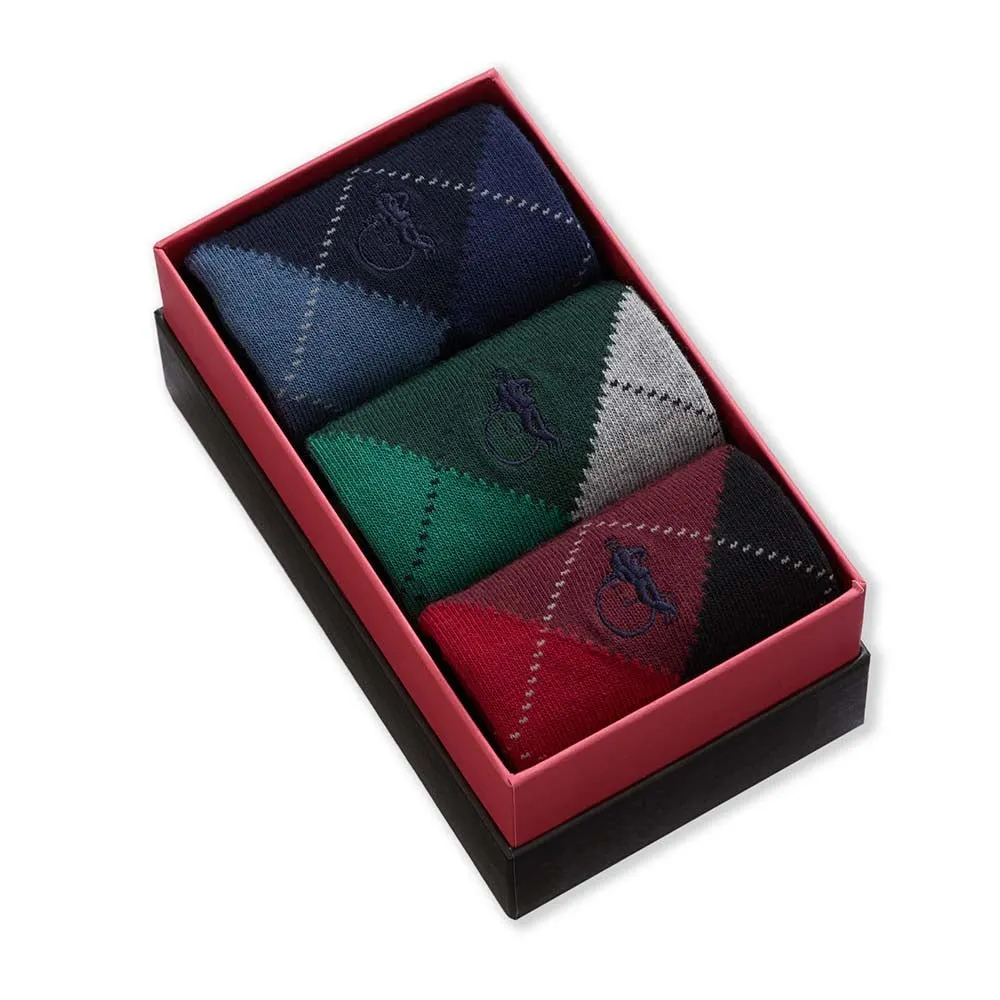 London Sock Company Balmoral Argyle sokker 3-pak blått rødt grønt
