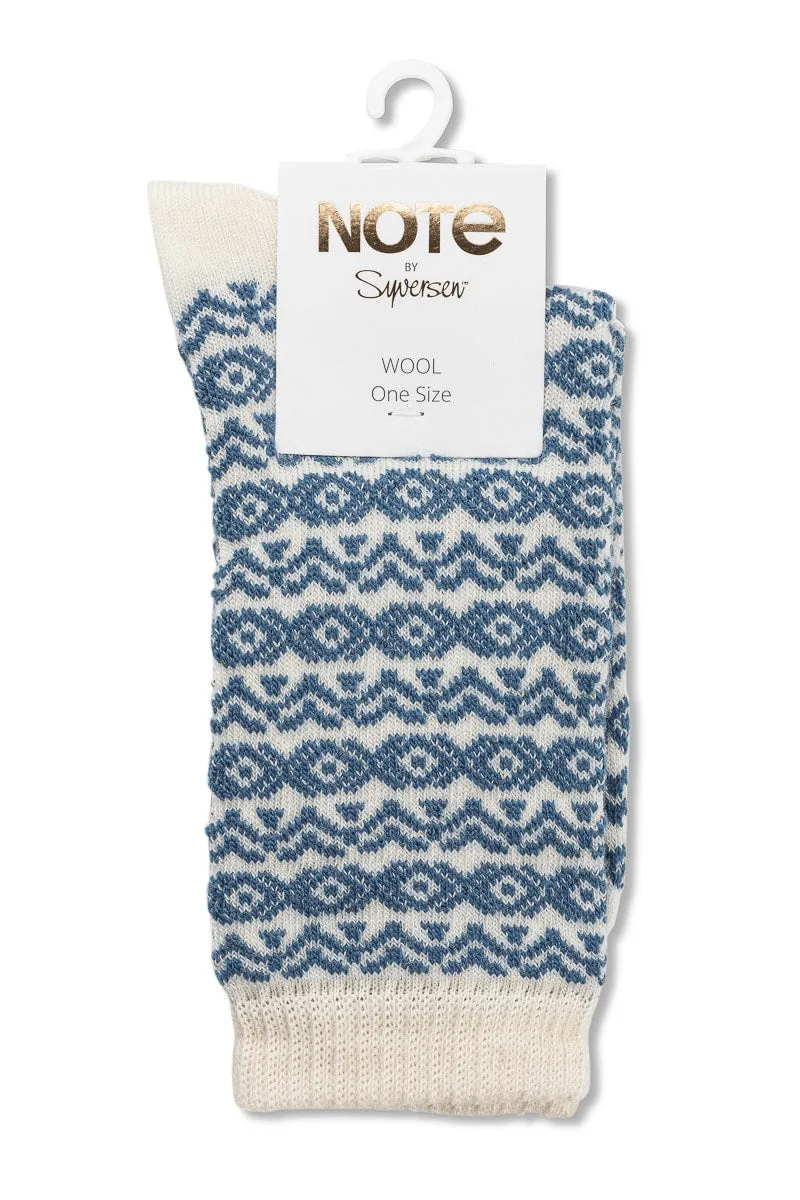 Note Wool Pattern ullsokker offwhite jeansblue retroprint