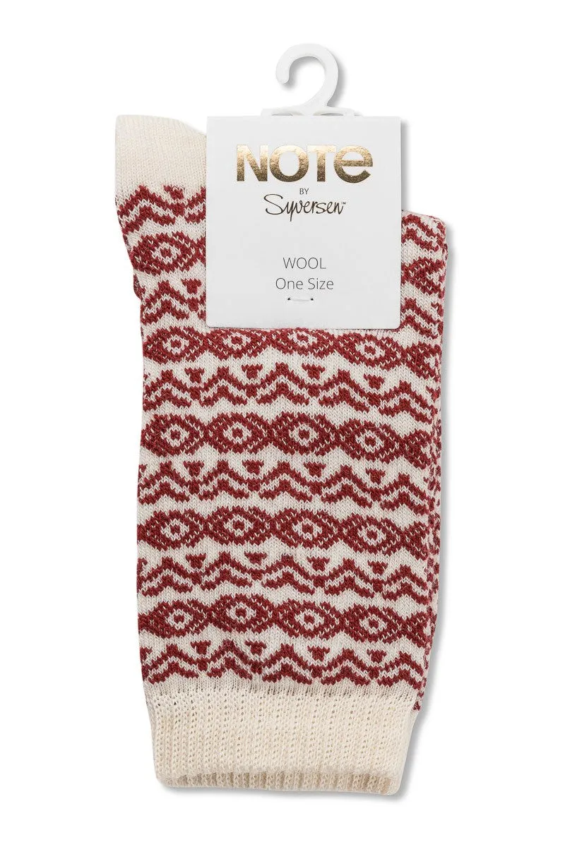Note Wool Pattern ullsokker offwhite burgundy retroprint