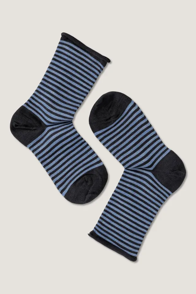 Note By Syversen Wool Stripes Roll Top ullsokker blå