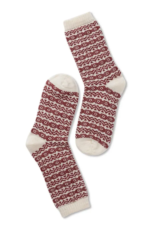 Note Wool Pattern ullsokker offwhite burgundy retroprint