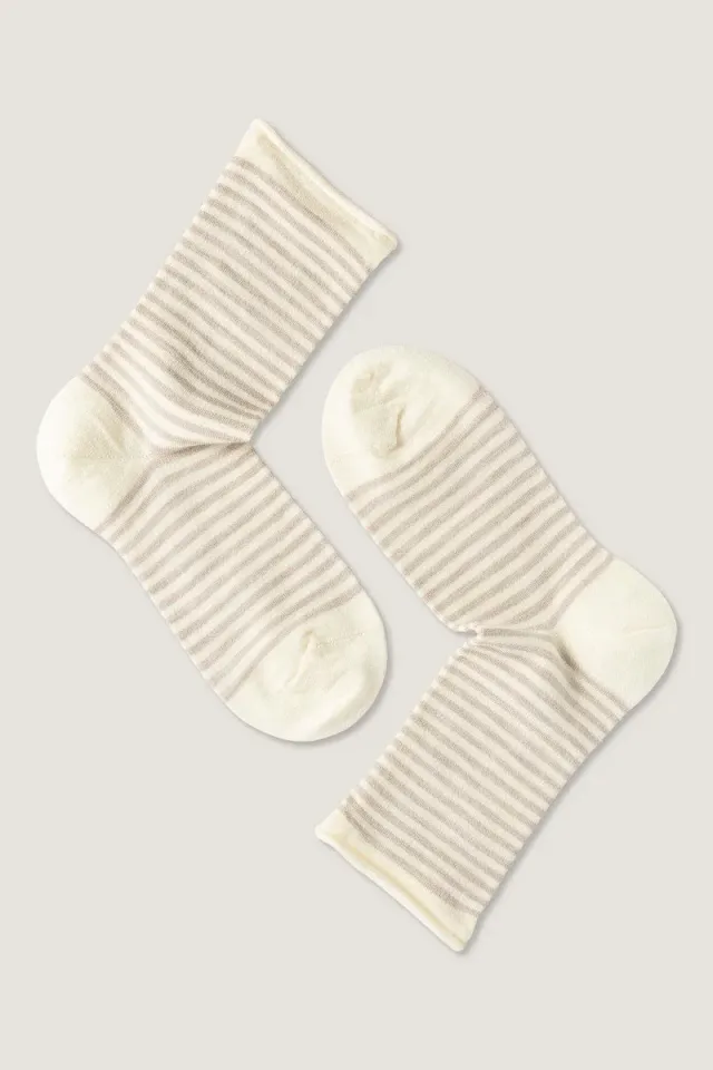 Note Wool Stripes Roll Top ullsokker offwhite beige temperaturregulerende